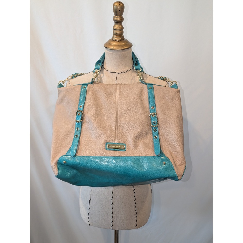 Steve Madden Two Tone Beige Teal Pebbled Faux Leather Hobo Bag Gold Hardware